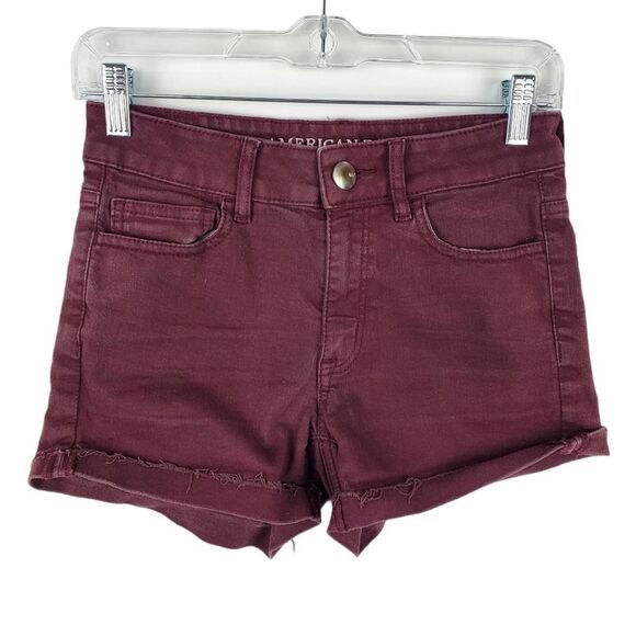 AEO American Eagle Hi Rise Shortie Shorts Jean Frayed Cuffed Hem Super Stretch - Picture 1 of 6